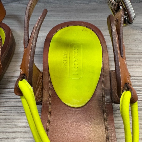 COACH COCO Neon Yellow / Brown Leather Thong Ankle Buckle Sandals
 - Size 8.5 - Picture 2 of 6